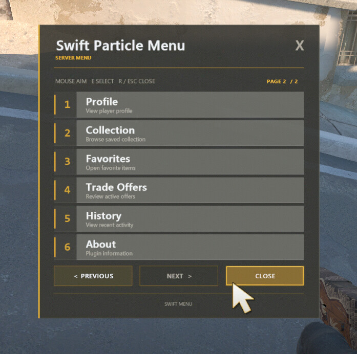Particle menu with Close highlighted